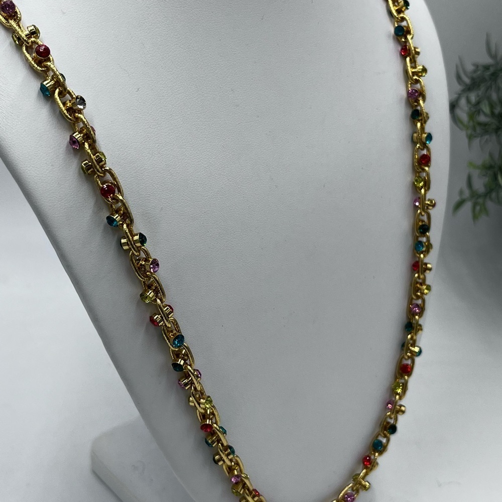 Talbots Gold Tone Link‎ Multicolor Double Sided Rhinestone Long Necklace New